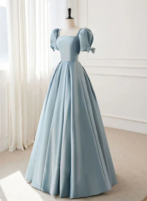 A-line Blue Satin Short Sleevs Long Formal Dress Simple Floor Length Prom Dress Elegant Evening Dress