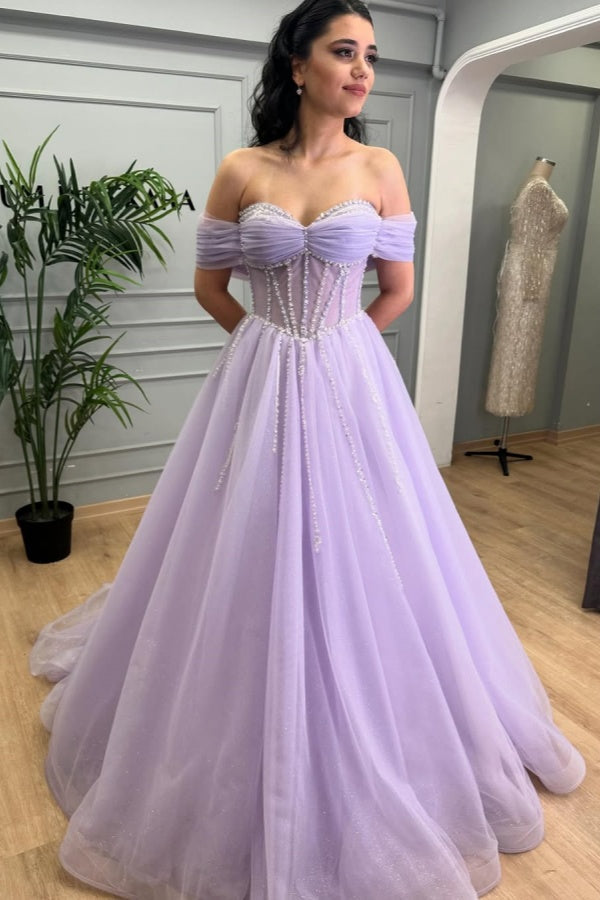 Light Purple Sweetheart Off-The-Shoulder Mesh Prom Dress ssr0333