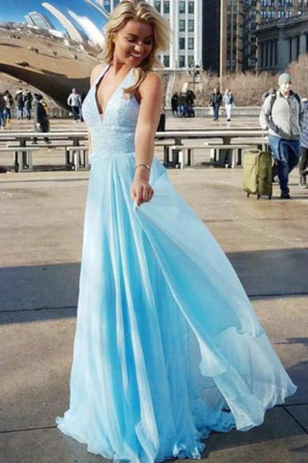SSR1199,Light Blue Prom Dresses,Chiffon Evening Dresses,Sequined V-Neck Floor Length Prom Dress