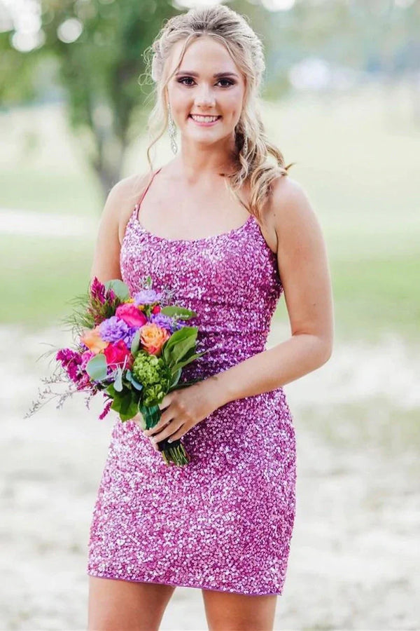 SSR1146,Neon Pink Sequin Lace-up Back Bodycon Mini Dress