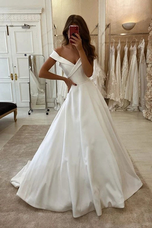 SSR1116,Charming white off the shoulder wedding dresses,a-line satin wedding gown bridal dress
