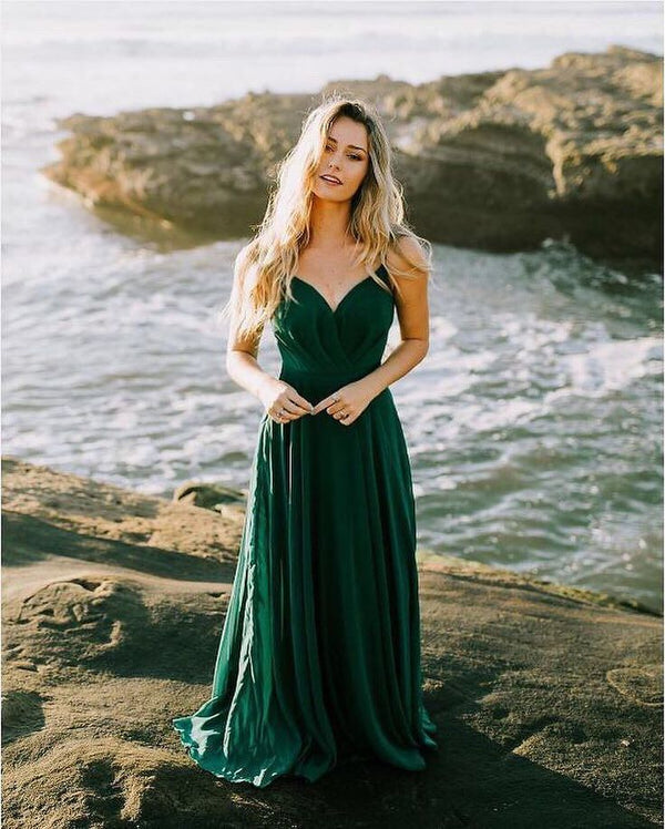 SSR0748,Green satin prom dress,spaghetti straps evening dresses,v-neck formal gown
