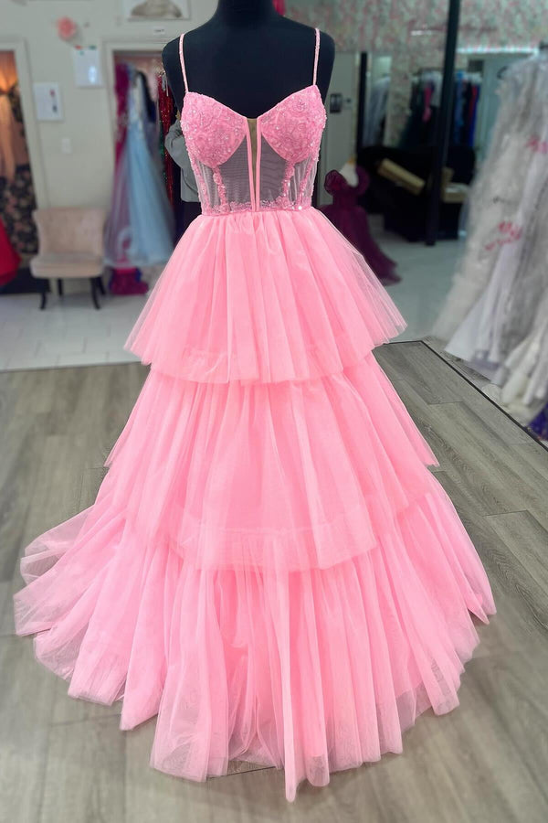 Pink Corset Tulle Ruffles A-line Formal Dress