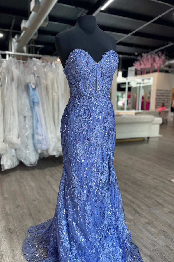 Blue Sweetheart Sequin Beaded Lace Applique Dress