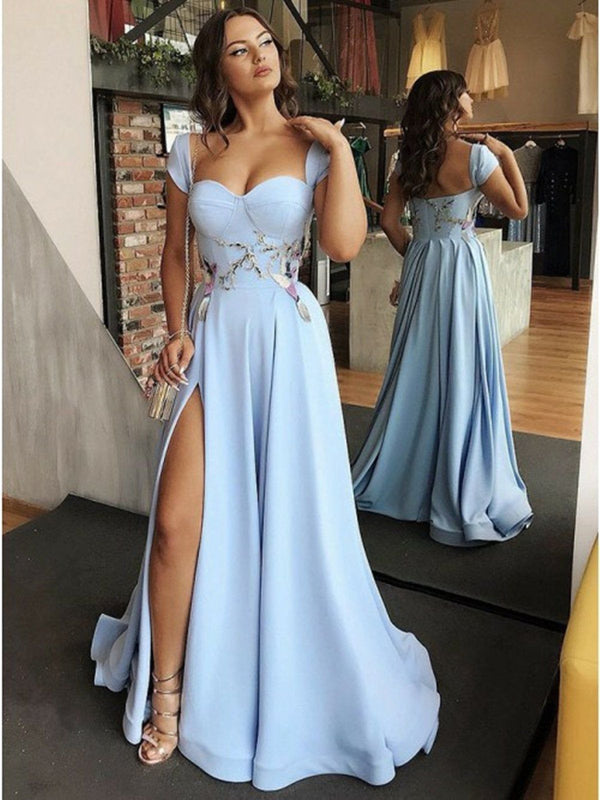 SSR1622,Sky Blue Satin Cap Sleeves Applique Split Long Evening Prom Dresses