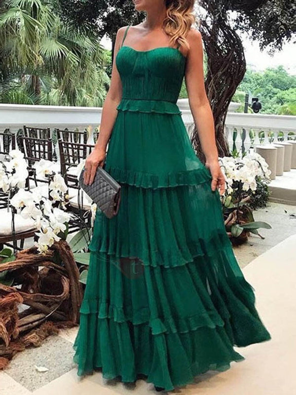 SSR0664,Elegant Fashion Maxi Dresses for Women Long Green Evening Dress Cascading Ruffle Formal Dress Bohemian Dress Suspender Dress