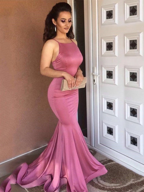 SSR0875,Pink Spaghetti Straps Mermaid Prom Dresses Satin Long Party Dress