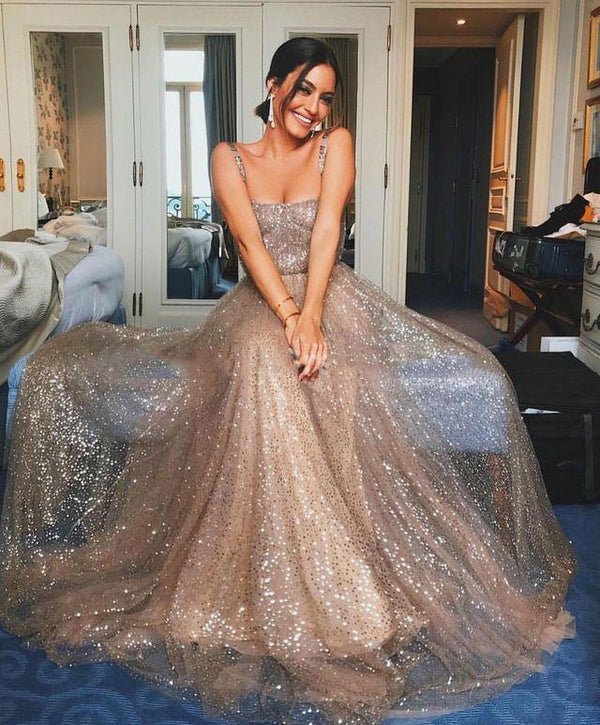 SSR0064,Shiny A Line Sequence Long Prom Dresses With Straps