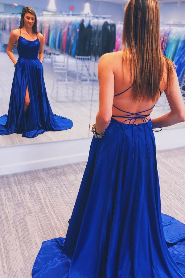 SSR0445,Royal Blue Long Prom Dresses Satin Cross Back Long Evening Dress