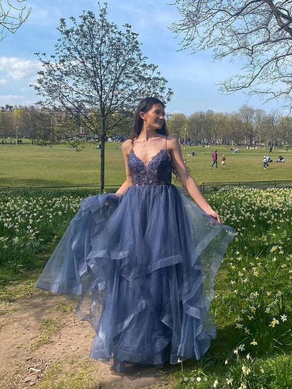 SSR1050,Gray blue v neck tulle lace long prom dress blue formal dress