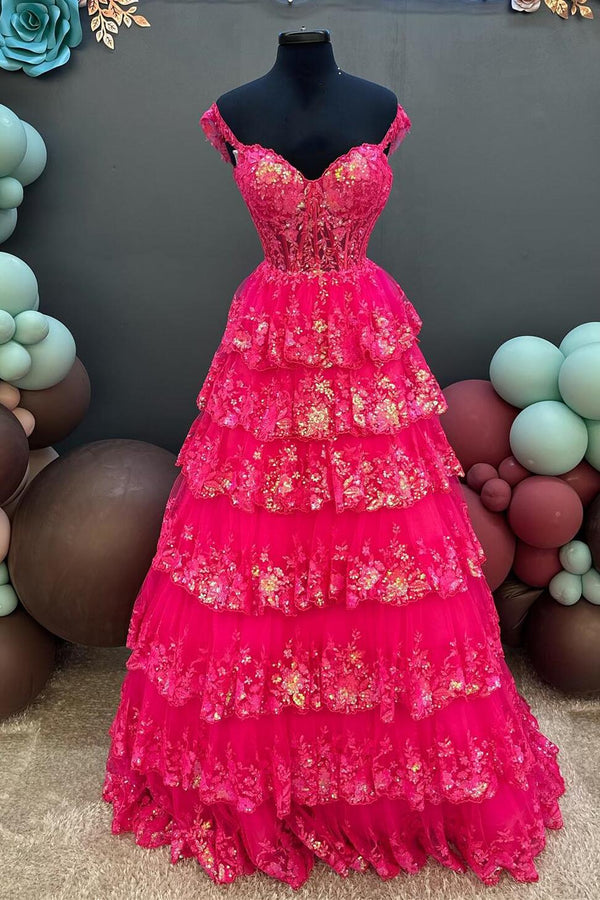 Fuchsia Sequin Tiered Ruffle A-line Long Dress