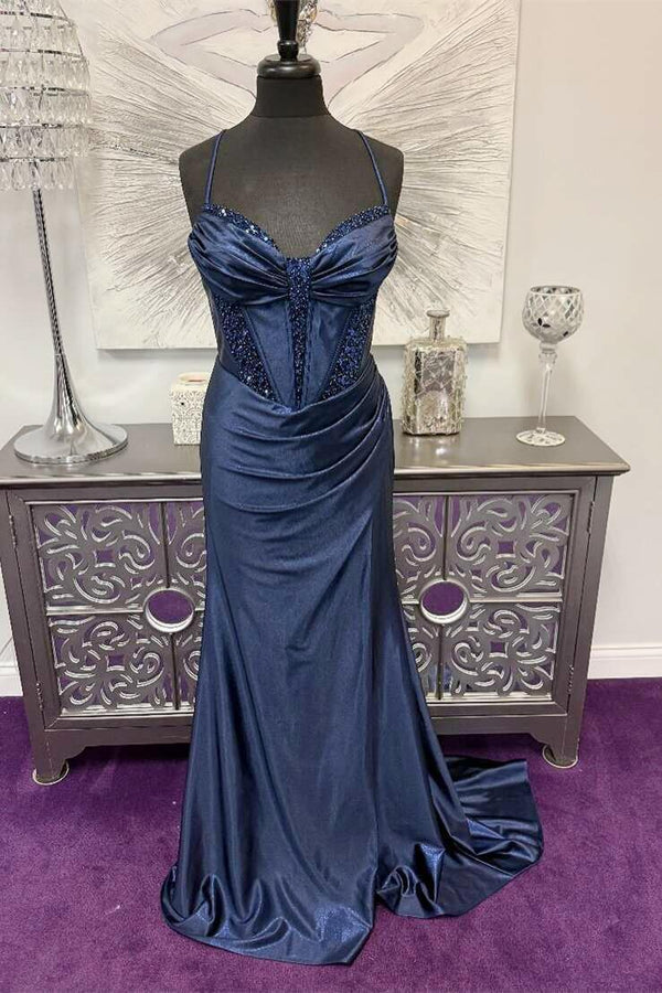 Straps Navy Blue Beaded Satin Mermaid Formal Dress