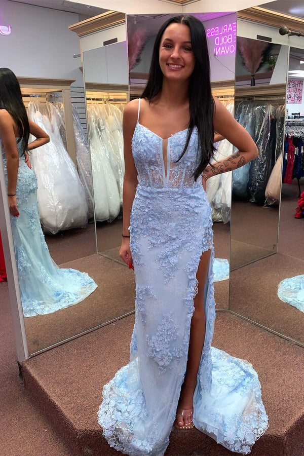 Light Blue Appliques Mermaid Prom Dress