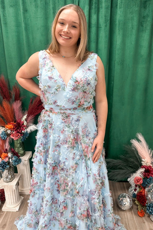 A-line V-neck Florals Ruffle Long Prom Dress