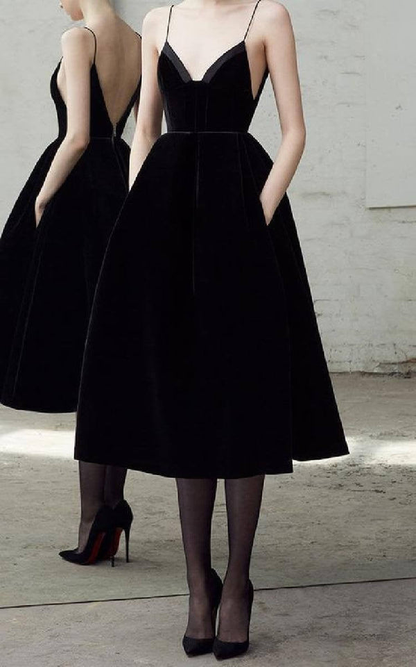 SSR0642,Black prom dress spaghetti straps tea length evening dress
