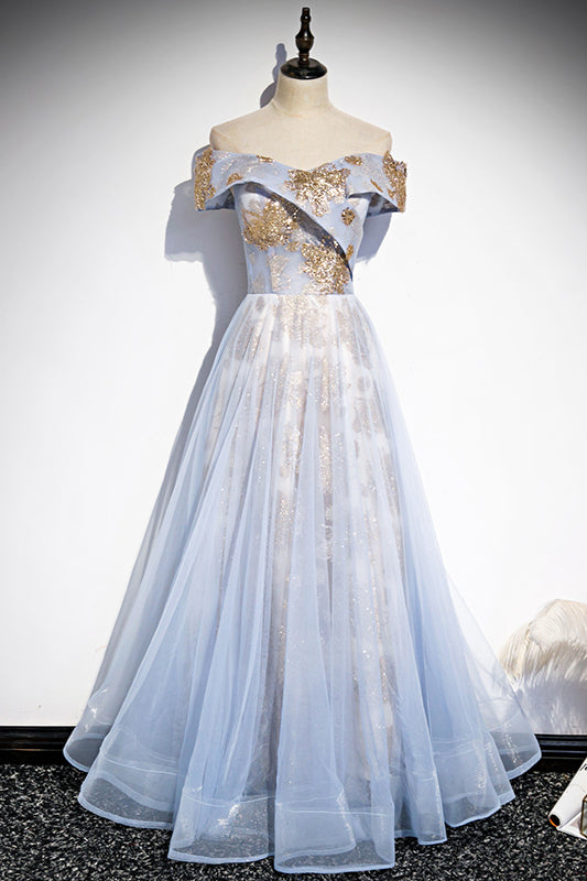 Off the Shoulder Light Blue Long Party Dress
