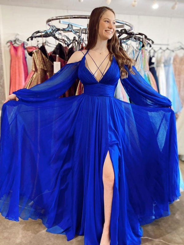SSR1569,Blue chiffon a-line long prom evening dress blue party dress long formal gown