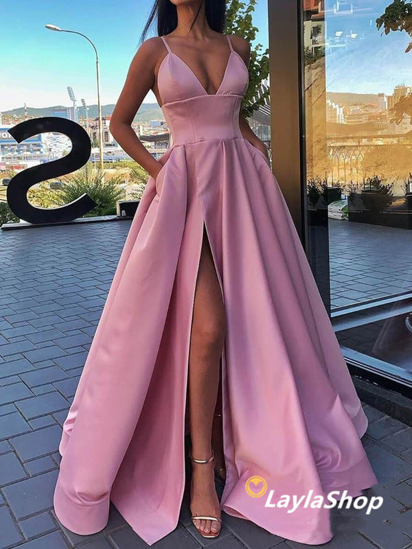SSR0305,Pink Spaghetti Straps A-Line Prom Dresses Side Slit Evening Formal Gown