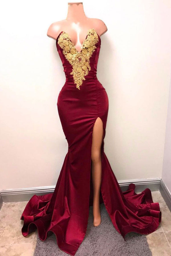 SSR0188,Sexy Prom Dress with Slit Burgundy Evening Dress Special Occasion Dress Dark Red Formal Dress Long Graduation School Party Gown