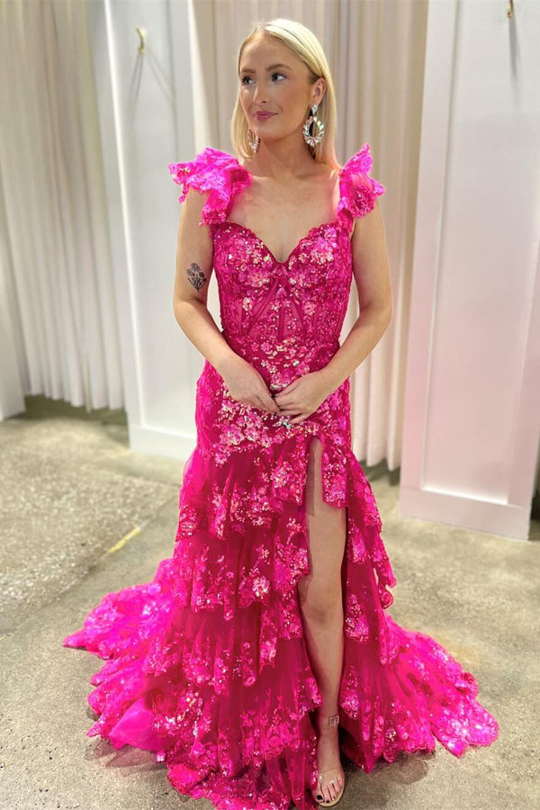 Fuchsia Sequin Mermaid Ruffles Long Formal Dress