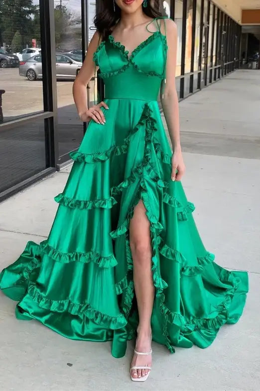 Green Straps A-Line Layere Long Prom Dress，SSR1217