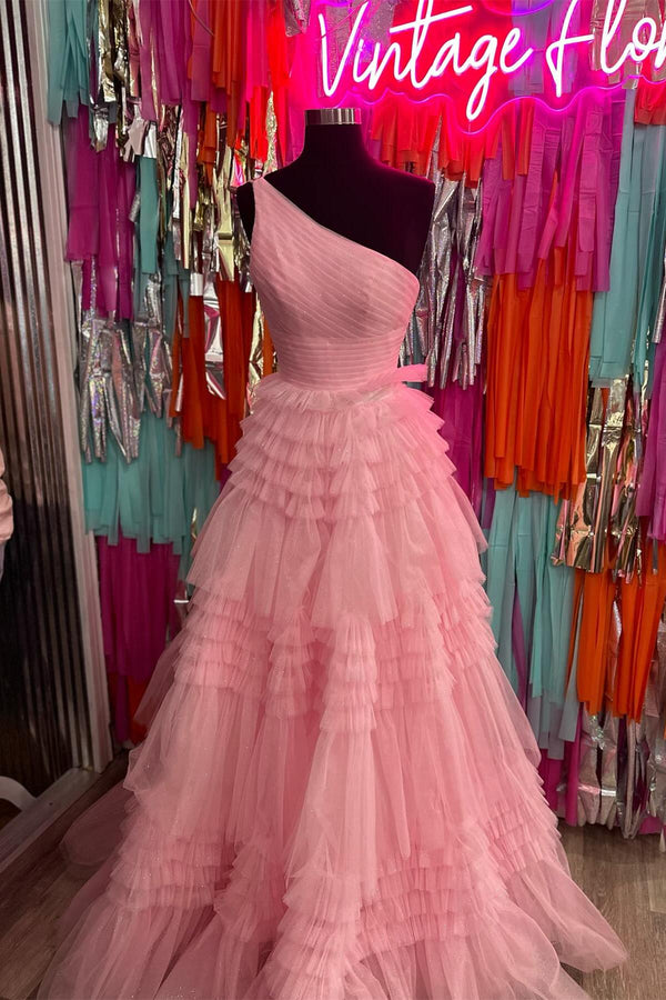 One Shoulder Pink Ruffles A-line Long Formal Dress
