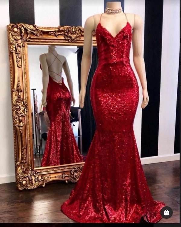 SSR0222,Sexy Halter Sequins Red Mermaid Prom Dresses Cross Back Glitter Long Evening Dress