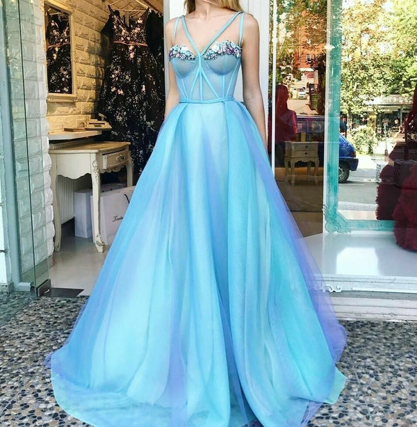 SSR1006,Blue Prom Dresses,Spaghetti Straps Ball Gown, Sweetheart Open Back Evening prom Dress