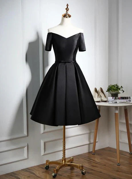 Lovely Black Satin Short Prom Dress Black Party Dress Off Shoulder Short Sleeves Homecoming Dress