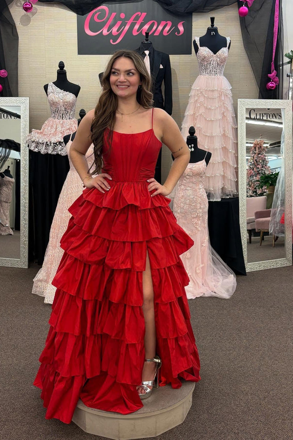 Spaghetti Strap Ruffle Prom Dress with High Slit