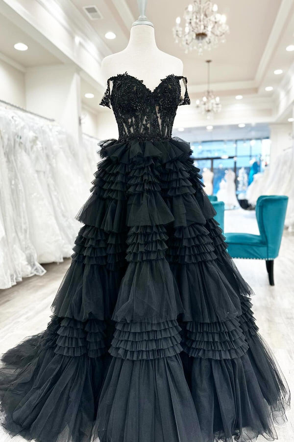 Off the Shoulder Black Lace Appliques Ruffles Long Formal Dress