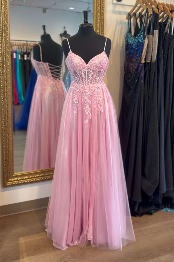 Princess Straps Pink Appliques A-line Long Party Dress