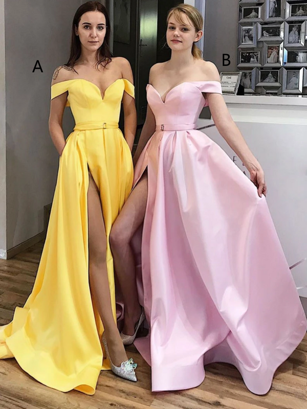 SSR0403,A-line prom dress off the shoulder yellow/pink evening dresses long party dress discount long dress split dresses