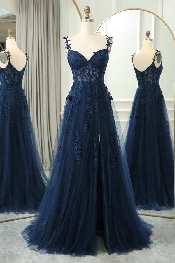 Straps Navy Blue Lace Appliques A-line Formal Dress