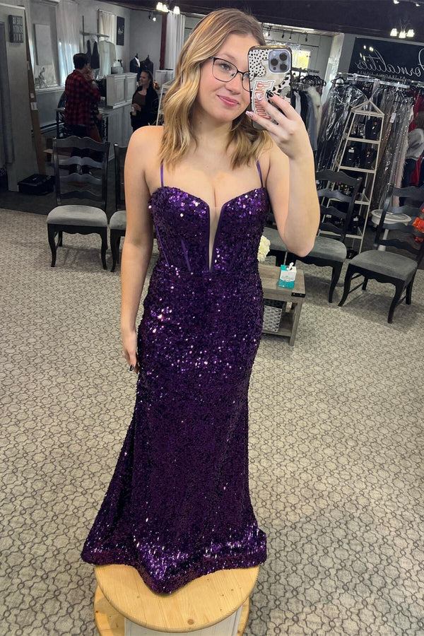 Straps Purple Sequin Long Party Dress