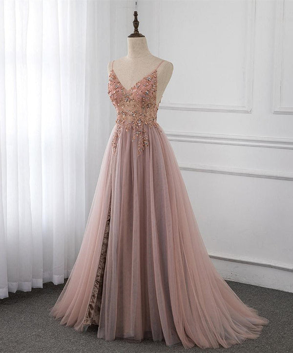 SSR0196,Pink Beaded Prom Dresses Tulle Split Evening Dresses Spaghetti Straps Long Formal Dress