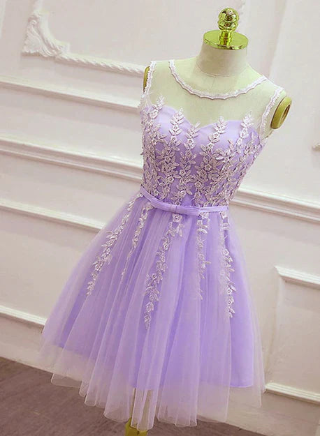 Cute Round Neckline Homecoming Dress Short Lace Party Dress Sleeveless Light Purple