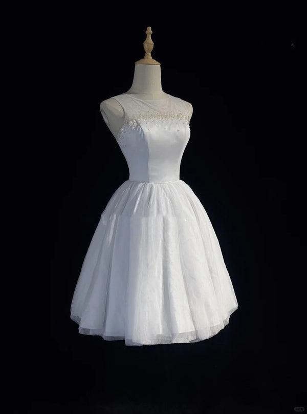 White pure simple beautiful sparkling fashion elegant exquisite rhinestone short mini backless floor length tulle homecoming prom dress evening dress party dress prom dress, SSR1248
