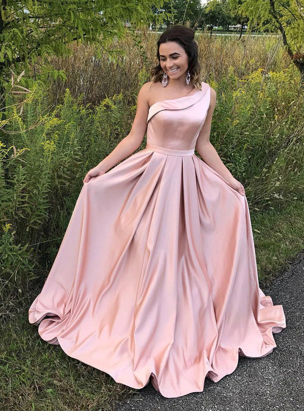 SSR0350,One shoulder pink long prom dresses satin a line floor length evening gown