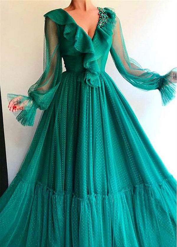 SSR0711,Green long sleeves ruffles prom dress a-line evening dresses dark green prom dresses