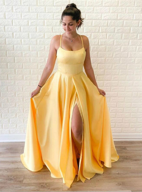 SSR0388,Yellow satin long prom dress spaghetti straps evening dresses split party gown