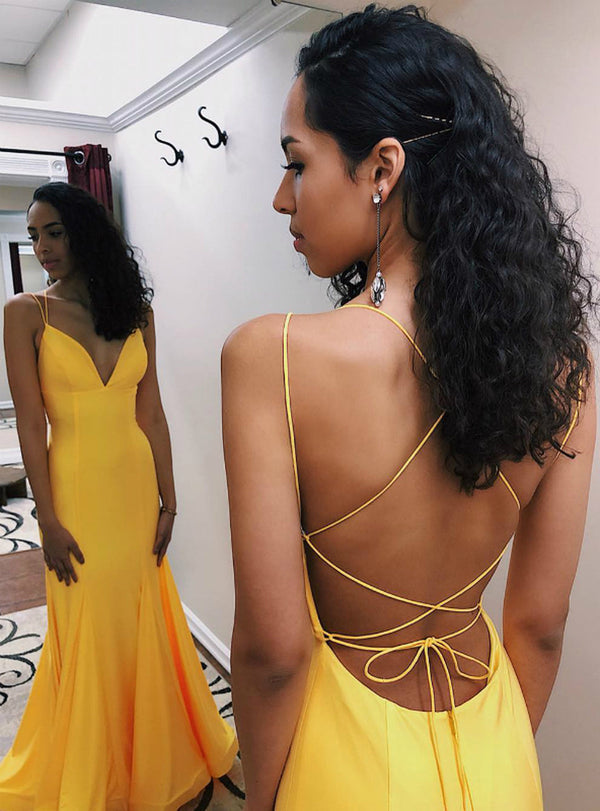 SSR0694,Yellow prom dress spaghetti straps evening dresses mermaid satin party dress