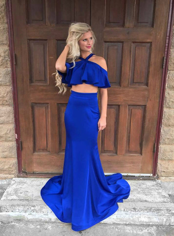 SSR0475,Two pieces ruffles mermaid long prom dress royal blue prom dresses