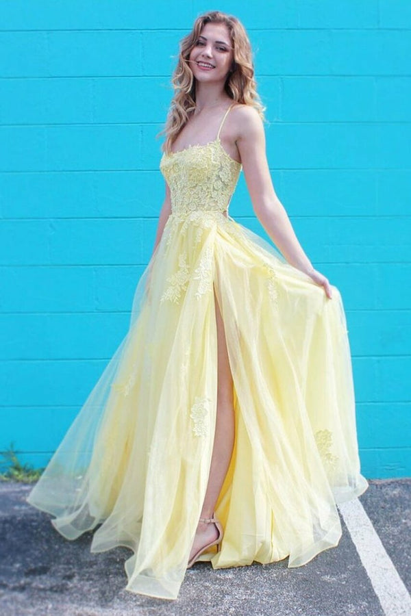 SSR0146,A Line Spaghetti Straps Yellow Lace Long Prom Dress with Slit, Yellow Lace Formal Graduation Evening Dress