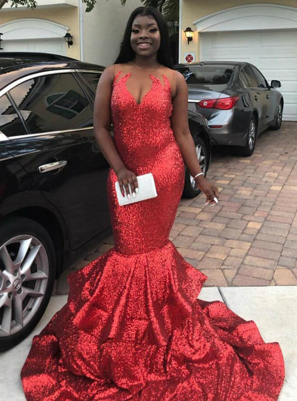 SSR0019,Sexy Red Mermaid Sequins Sleeveless Long Prom Dress