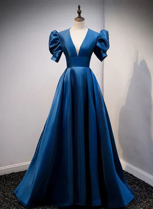 Blue Satin Long Prom Dress with Short Sleeves Evening Formal Dress Elegant Evening Dress