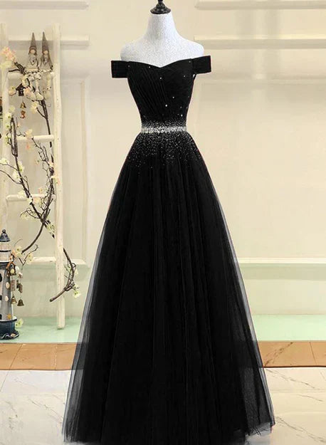 Black Tulle Off Shoulder Beaded Party Dress New Dress for Party Elegant Evening Dress
