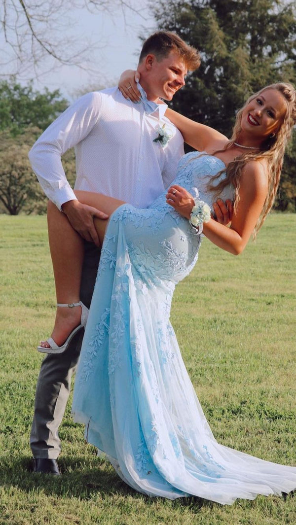 SSR0828,Princess Light Sky blue Formal Dress Lace Appliques Prom Dresses