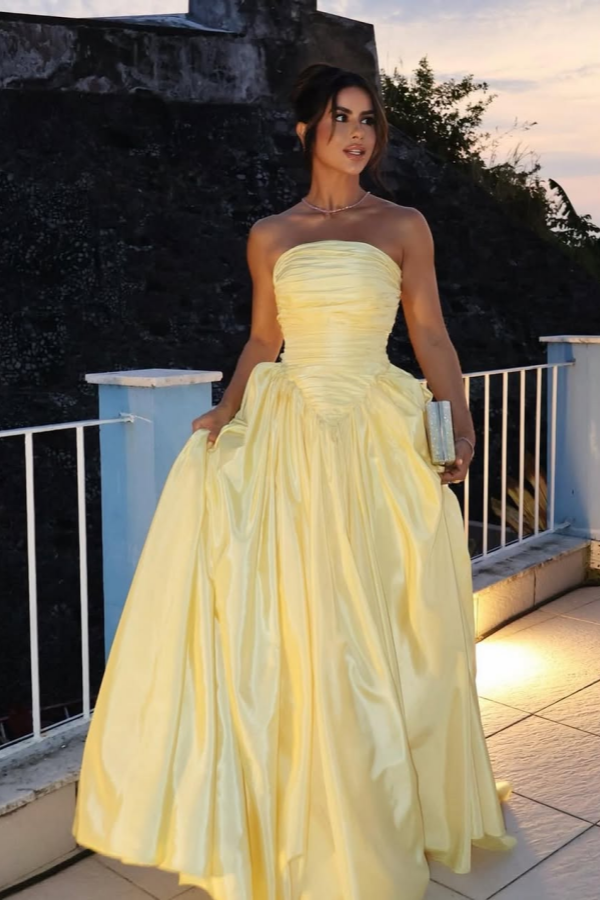 Lovely Yellow Pleated Strapless Prom Dress ssr0625