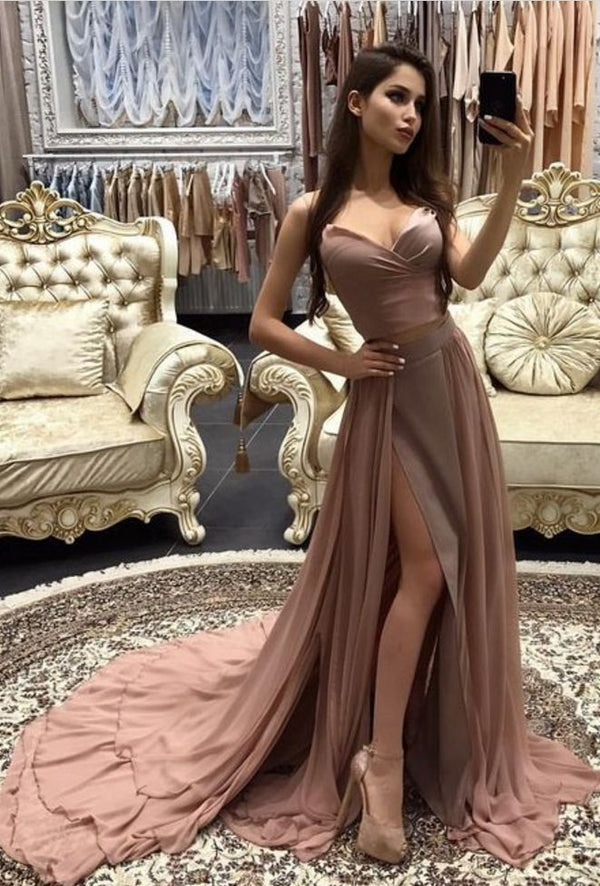 SSR0423,A-Line Square Sweep Train Split Blush Chiffon Split Side Prom Dress with Ruffles